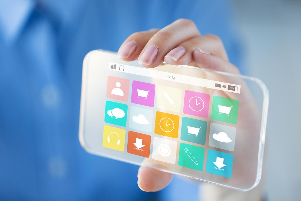 close up of woman with transparent smartphone menu